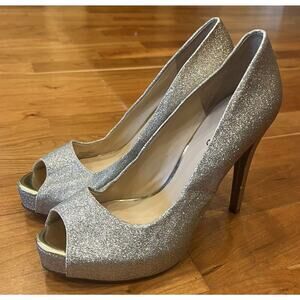 Guess Rosalie Ombre Glitter Peep Toe High Heels Size 7 Women’s Silver Gold